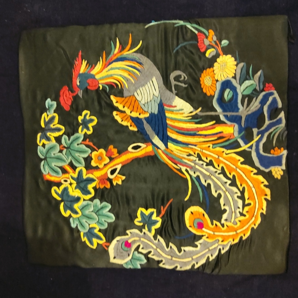 Vintage Embroidered Japanese Phoenix on Satin 11x12" Fabric